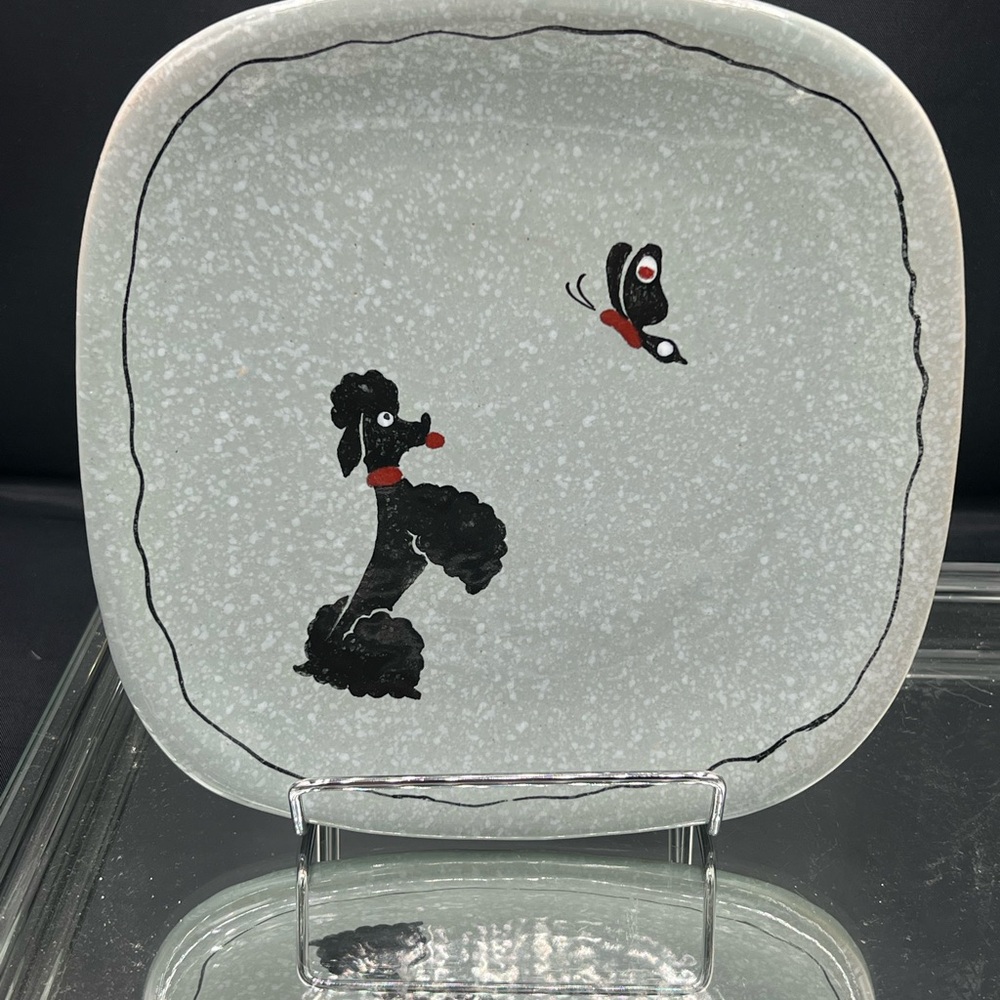 Vintage Glidden Poodle Plate Small Black Dog Pottery Dessert Size Display 1950s